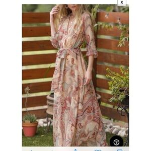 Aakaa paisley jewel tone flowing tie waist maxi gown faux wrap w snap boho